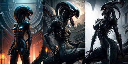 (otherworldly), highly insanely detailed, masterpiece, top quality, best quality, highres, 4k, 8k, RAW photo, (very aesthetic, beautiful and aesthetic), 
__lazy-wildcards/cosplay-char/alien-predator/xenomorph/prompts__, 
<lora:FemXeno:0.7>, 
(1girl:1.3), eyes focus, 
__lazy-wildcards/dataset/background__,âââ