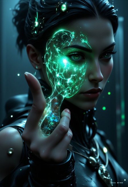 Emo woman upper body face close up. A hyper-detailed, futuristic close-up of a human fingertip illuminated by a soft green glow, revealing a complex, holographic circuit pattern etched into the skin, resembling a digital fingerprint. The intricate lines and nodes of the circuitry shimmer with a faint white and blue light, symbolizing advanced biometric technology. Surrounding the finger, a semi-transparent user interface displays scanning progress indicators, synchronization bars, and faint text overlays, adding to the high-tech aesthetic. The background is softly blurred, suggesting a sleek, digital environment while emphasizing the focus on the finger and its augmented details. <lora:aidmaFLUXPro1.1-FLUX-v0.3.safetensors:1.0>,  <lora:Dark side of light.safetensors:0.55>, <lora:Glitchcore_Flux.safetensors:0.8>,