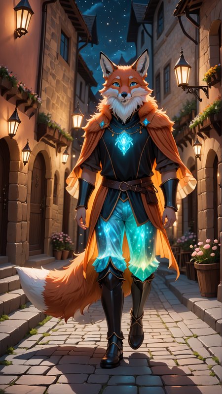(front view:2), (detailed bearded man gender character:2) wearing detailed (bioluminescent medieval style pants:2), flowing orange hair and expressive eyes, (fox-like ears:2), (detailed fox one tail:2), (fox fur skin:2). Walking through a very cozy furry town with pastel color palette, the charming street has cobblestone streets, and (night horizon:1.5). Magic sparkles float in the air, adding a subtle touch of fantasy, doortoinfinity <lora:d\EnvyZoomSliderXL01:-1.25> <lora:doortoinfinity:1> <lora:more_details:1.5> <lora:xl_bioluminescent_dress-1.0:1>