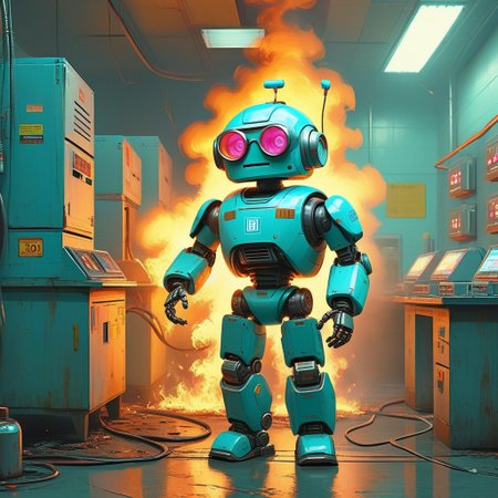 "Sports Illustrated" (the Magazine) style.
Full body portrait of "Kawaii Robot-Janitor With Hot-Bright-Cyan body and Neon Party-Glasses Smiling at the viewer while the server room is burning with flames, smoke and sparks" (from Grand Theft Auto Five). 
In  "Tech Product Infomercial" aesthetic. 
By "Simon Stalenhag".
Life-like details.
Cinematic. 
Dramatic. 
Dynamic. 
Extremely refined lines and and shapes.
Extremely refined details on objects.
Sharp details.
Wide range of colors.
Many details everywhere. Ray-Tracing. Anti-Aliasing. Realistic soft shadows. Low saturation colors. Insane quality. Insane resolution. Insane details. Masterpiece. 32k resolution.