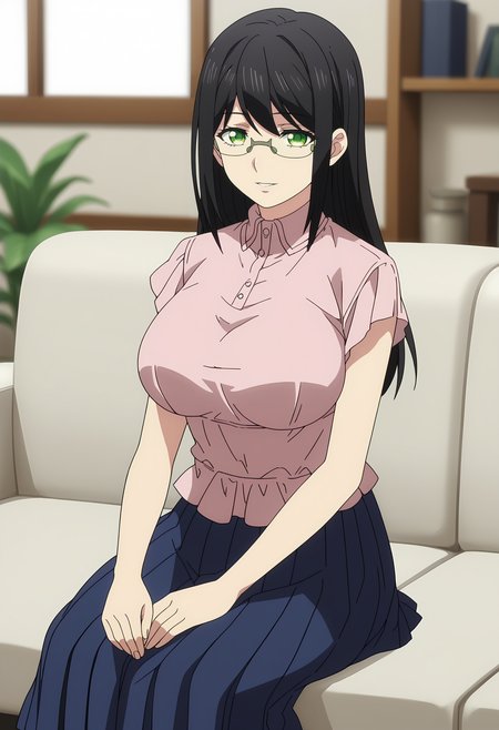 score_7_up, anime screencap,
<lora:ShuumatsuNoHarem_HanyuuYuzukiXL:0.9>,
1girl, solo, parted lips, light smile,
black hair, long hair, green eyes, semi-rimless eyewear,
HanyuuYuzuki, frilled shirt, pink shirt, short sleeves, large breasts, pleated skirt, long skirt, blue skirt, black pantyhose,
sitting, looking at viewer, cowboy shot,
couch, indoors, blurry background