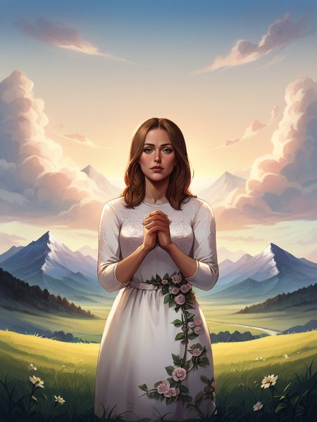 score_9, score_8_up, score_7_up,Faithwaifu, handfixer, solo,  white dress, floral print, cloud, cloudy sky, field, grass, hill, interlocked fingers, landscape, mountain, mountainous horizon,  outdoors, own hands clasped, own hands together, sky, solo, sun, tree<lora:add-detail-xl:1> , <lora:Faith_character:1>, <lora:HandFixer_pdxl_Incrs_v1:0.5>