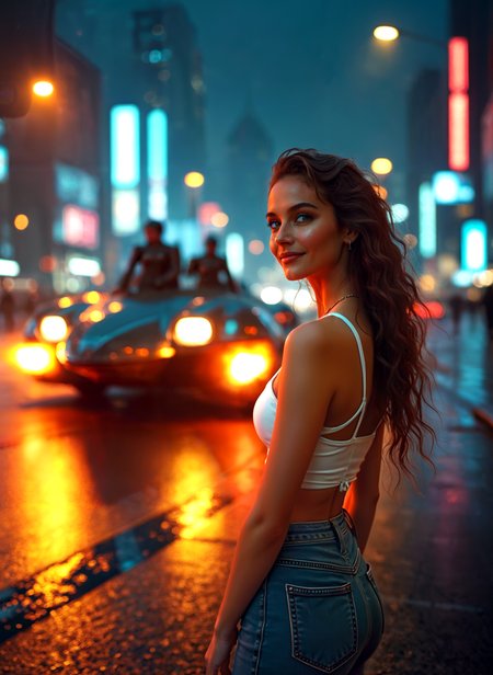 Photograph of a young woman standing on a busy street at night. She is wearing a white crop top and blue jean, and her long curly hair is styled in loose waves. The woman is looking off to the side with a slight smile on her face. In the background, there are several cars and buildings with colorful lights, creating a vibrant and lively atmosphere. The street is wet, suggesting that it has recently rained. The overall mood of the image is one of excitement and anticipation. <lora:add-detail-xl:.5>  <lora:Flux-style-xl-lora:.5>