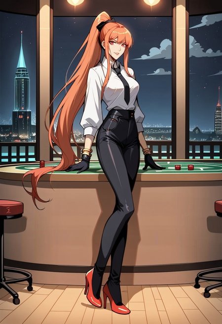 safe_pos, score_9, score_8_up, score_7_up, 1girl, night, indoor, in a casinò, full body, dynamic shot, from high, long legs standing behing a poker table, green table, solo, dynamic pose, Feng Ling, orange hair, red eyes, medium breast, long hair, ponytail, black pants, white shirt, long sleves shirt, black gilet, black neck tie, red heels, gold slim bracelets, black gloves, looking at the viewer, long legs, nice legs, white hips ultra detailed, masterpiece, <lora:add-detail-xl:1>, <lora:StS_PonyXL_Detail_Slider_v1.4_iteration_3:4>