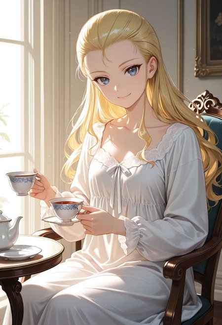 masterpiece,best quality,absurdres,highres,very aesthetic,high quality,detailed,insanely detailed,beautiful,perfect lighting, looking at viewer,
  <lora:Assam illu:1> 1girl, blonde hair, long hair, teapot, teacup, sitting, white dress, blue eyes, smile, nightgown, saucer, looking at viewer, hair pulled back, holding cup, collarbone, long sleeves