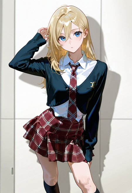 1girl,solo,looking at viewer, echo (circa), ssg skirt, necktie, plaid, socks, school uniform, white shirt, plaid skirt, jacket, krista_lenz