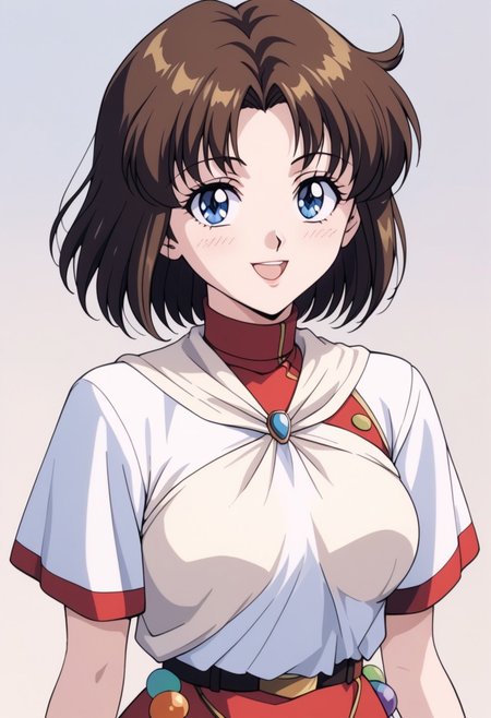 lilith (megami paradise), brown hair, short hair, blue eyes,
light yellow neckerchief, short sleeves, wristband, white_skirt, white_ miniskirt, belt, socks, brown_footwear 
1990s (style), retro artstyle,
<lora:lilith (megami paradise)_pony_v1:1>
standing, dynamic pose ,
open mouth, blush,light smile
looking at viewer,upper body, close-up
outdoors,, score_9, score_8_up, score_7_up, best quapoty, highres, absurdres, source_anime, zPDXL3, 1girl,solo