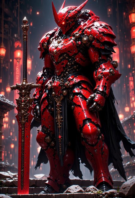 cinematic film still cinematic film still stylized by Sam Mayle, photograph, concept art, breathtaking red armored cybernetic robot, cloake black and golden shinobi, cyberpunk demon helmet, futuristic, exosuit, tactical, advanced gear, hero pose, highly detailed, futuristic, intricate, elegant, standing in a cyberpunk shinto shrine, distantfuture, mythp0rt, hkstyle