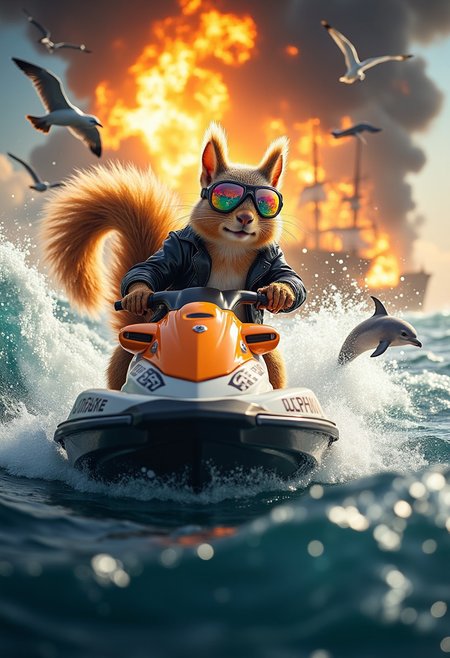 A squirrel absolutely dominating on a jet ski, mid-air off a massive ocean wave. The squirrel, rocking a tiny pair of neon goggles, a leather jacket with flames on the back, and an inexplicably confident smirk, grips the jet ski handles like it’s trained for this its whole life. Behind it, a massive explosion erupts from a pirate ship, sending flaming debris into the sky. Seagulls scatter in terror, and dolphins leap alongside in awe. 