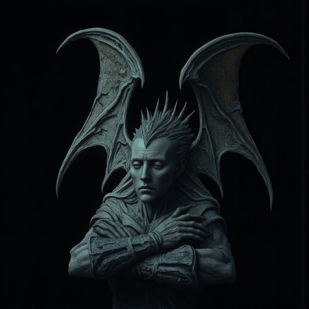 A surreal stone gargoyle with a human face, tattered stone carved wings, design, spiked hair, displaced and morphed facial features
Set against a solid dark black color background to emphasize its unsettling unnatural form that emphasizes its silhouette. The medium is not a traditional painting or illustrative medium like watercolor or ink but rather a digital 3D rendering.
MikeFranchinastyle, d4artstyle, d4concept, , bbstyle,, horror theme,, zbrush, ZBClay model of a gray sculpture, 1990's, 1990's style