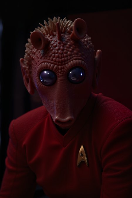 A hyper-realistic portrait, photorealistic photo close-up image of  A full body shot of Rodian alien man with snout in a red SNW uniform (photography, high-resolution, dynamic, energetic,hyper-realistic, dramatic lighting, shallow depth of field.), detailmaximizer, MythP0rt<lora:aidmaMJ6.1-FLUX-V0.1:0.4><lora:FluxMythP0rtr4itStyle:0.4><lora:detailed_flux_ntc:2.2><lora:aidmaImageUpgrader-FLUX-V0.1:0.65><lora:RODIAN_1:1.1><lora:SNW_FLUX_V2:1.1>