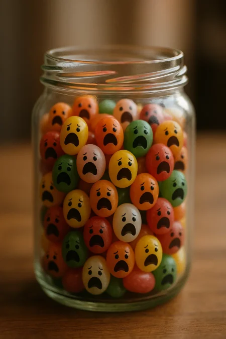 a glass jar filled with jellybeans but each one is screaming in terror, photorealistic with depth of field, on a table, blurry background 