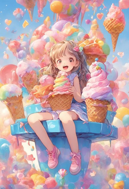 A girl sitting on a giant ice cream, which is adorned with vibrant colors, delightful frosting, and rainbow sprinkles. She holds an oversized waffle cone,shimmering candies. Floating around her are some small balloons, each tied to a petite candy. The scene is filled with sweetness and joy, showcasing the girl's happiness and the enchanting fusion of her imagination and a fantastical world,fantasy, high contrast, ink strokes, explosions, over exposure, purple and red tone impression , abstract, ((watercolor painting by John Berkey and Jeremy Mann )) brush strokes, negative space,