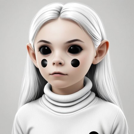 voo is an (adult female and looks about 30 years old) with a (black circle on each cheek) and (black marbles for eyes).She has large and tall. 
voo has (Long white_hair) with a metallic shine.
Voo has a (white_roll_neck_sweater)