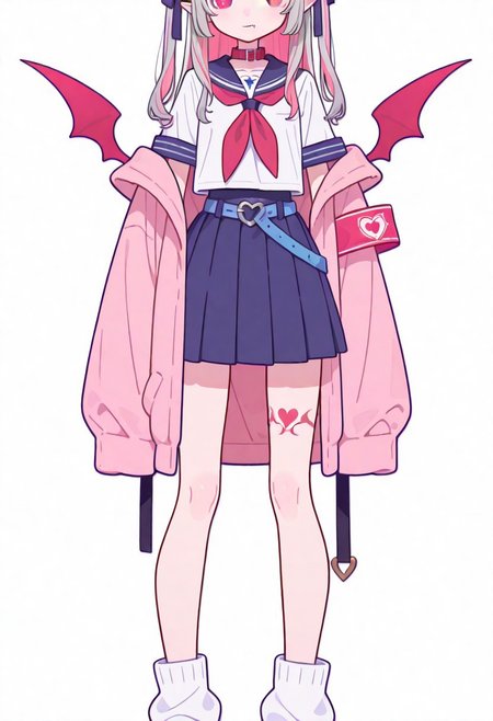 Flatline, Flat vector illustration, looking at viewer, full_body, 
niji-ririmu,flat chest,red eyes,long eyelashes,grey hair,streaked hair,multicolored hair,pink inner hair,pointy ears,fang,heart tattoo,tattoo around thigh,long hair,two side up,black hair ribbon,saggy hair ribbon,red wings,demon wings, 
niji-ririmucos1,serafuku,white shirt,short sleeves shirt,red neckerchief,midriff,blue belt,loose belt,blue skirt,miniskirt,pleats skirt,white socks,loose socks,red choker,red collar,pink jacket,off shoulder jacket,armband,long sleeves,sleeves past wrists,sleeves past fingers, 
slim, slender, fair skin, clear skin, beauty skin, smooth skin, shiny skin, beautiful legs, long legs, 
from front, front view, straight-on, look at viewer, standing, (legs apart:1.4), 
white background,