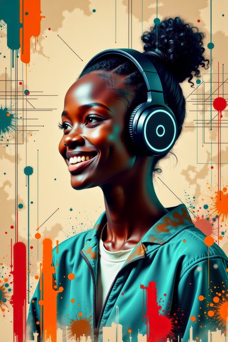 A 3/4 studio portrait photograph of an African teenage girl with ebony black skin, with cyan highlights on the skin.  She has the side of her head shaved, and the hair on the back of her head done up in a bun.  She is wearing large high-tech cordless bluetooth headphones, and is smiling as she listens to the music.  The background is an abstract combination of a technical readout diagram and broad swatches of beige, orange, red, and cyan vertical brush stokes.      <flux_realism_lora:0.42> <FluxDFaeTasticDetails:0.36> <BaroqueColorful:0.64>