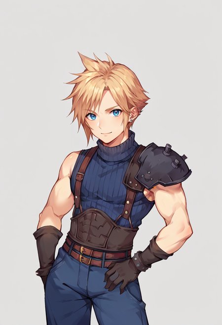 score_9, score_8_up, score_7_up, source_anime, BREAK, solo, 1boy,  <lora:DDLC-pdxl_Fp:0.8>, standing, smile, simple background, looking at viewer, cowboy shot, <lora:cloudstrife-pdxl-nvwls-v1:1>, defCloud, blonde hair, single earring, suspenders, shoulder armor, sleeveless turtleneck, belt, baggy pants, blue pants, gloves