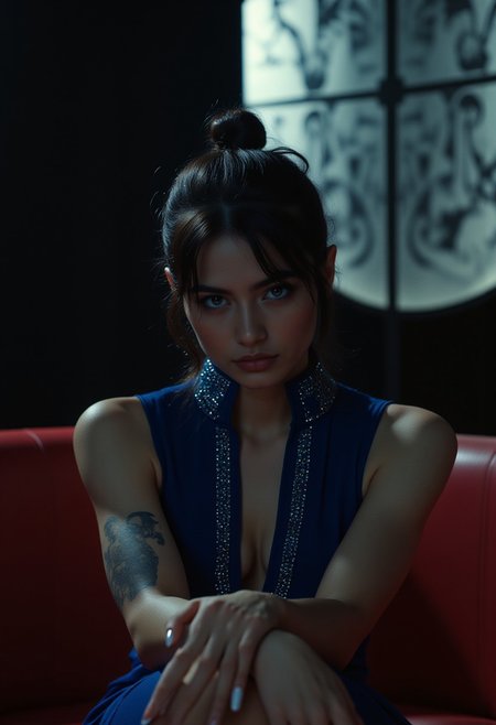 professional photo. cinematic style. masterpiece.
The front view is close, at eye level. This is a shot from a movie with a seductive turkish woman with blue eyes, sitting in a darkened environment, long black hair with ponytail.  She is wearing a strict sexy blue tight-fitting dress with tiny stones decorations, cleavage and an opened collar to the middle of her thighs. charismatic tatoo on her left arm. Relaxed pose, bare arms, hands resting on the railing of the sofa.  She crossed her legs. Feminine figure, wide hips. Perfect hands with white colored nails. She has a confident expression on her face and playful twinkles in her eyes, Looking at us. perfect makeup on her face with mascara and eyeshadow. The sofa she's sitting on is red colored leather. The overall atmosphere of the shot is seductive sophistication and cold passion, minimalism and clean lines. exquisite seduction. The frame of the film is made qualitatively, professionally, with a clear focus. (woman is brightly illuminated by soft artificial light from above). 
The background is made in a minimalist style, with a gradient of dark white tones, far behind in defocus is an illuminated wall of complicated panels, which enhances the airy atmosphere of the scene and the depth of field. The overall composition looks cinematic.  Beautiful bokeh. Hollywood Cinematic Film style.  indirect sexy lights.  light focus on the subject.
(depth of field), aidmamj6.1