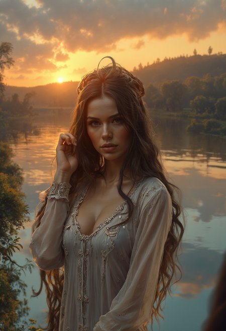 ahighly detailed, 4k, high-resolution photography featuring pretty little gitl  the background features the countryside, with the sun setting in the distance, casting a warm, golden glow over the scene, the water is calm and reflects the warm colors of the sky, enhancing the serene atmosphere, the overall mood of the photograph is one of quiet introspection and introspection, with a focus on the woman's well-defined facial features