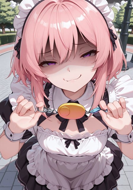 masterpiece, best quality, amazing quality, solo, aged up, CivChan, purple eyes,pink hair, maid outfit, small breasts, park, from above, shaded face, smug, head tilt, cpbt, crime prevention buzzer, holding, pulling