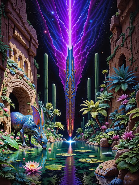 extremely detailed alcohol ink and watercolor painting on rough watercolor paper, pulp aesthetic, the composition follows the golden ratio, the focus is a beautiful, peculiar, gargantuan, primordial creature with a long neck, faintly crimson glowing eyes and overlapping iridescent shimmering blue-green scales in a lush, paradisiacal oasis, teeming with life, hidden within a barren badlands valley of an alien planet, under an awe-inspiring otherworldly night sky illuminated by a vibrant galactic nebula, the oasis sits at the valley's heart, its still waters reflect the cosmos above, vibrant foliage in deep greens, blues, and purples surrounds the water, contrasting against the rough, jagged stone of the valleyâs cliffs, the cliffs loom over the oasis, their rocky surfaces weathered and etched with time, casting deep shadows and adding a sense of isolation, at the center of the oasis, a towering primordial creature drinks from the spring, its ancient form dominating the wildness of the oasis, a rare sight, it stands as a guardian of this secluded paradise, adding an air of mystery and awe, the creature is gigantic, with a powerful yet graceful form, its iridescent scales reflecting subtle hints of the nebulaâs colors, its posture is calm, exuding a sense of ancient wisdom, with crimson glowing eyes hinting at awareness of its surroundings, slightly elevated, wide-angle shot, capturing both the oasis in full view and the surrounding badlands cliffs, emphasizing the oasis's lushness against the desolate valley, diffused, cosmic lighting from the nebula bathes the scene in a surreal glow, casting hues of violet, blue, and pink across the oasis, the light is soft and mystical, with subtle reflections and shimmers on the water, dappled illumination creates pockets of light and shadow on the creature's form and the lush foliage, contrasting with the deep shadows along the cliff walls, exaggerated color contrasts between the vibrant oasis and the dark valley stone, highly atmospheric, masterful composition, mystical, otherworldly, in the style of ck-ovf, <lora:epic_gorgeous_details-balance-flux-by_flyway:0.88> <lora:style-oneviolentfantasy-ep21-flux-by_chronoknight:0.8>