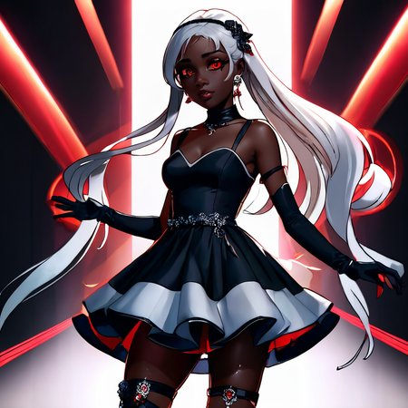 1girl, 3d, black background, cinematic lighting, dark skin, dress, fingerless gloves, gloves, hair ornament, long hair,  red eyes, sandals, simple background, skirt, solo, white gloves, white hair <lora:aidma-Image Upgrader-v0.1:1>  perfect hands <lora:MHXL_Scrantelly_Slimjane:1> <lora:gl0w1ngR3(1)Civit:1>