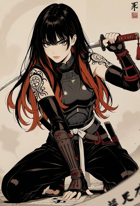 masterpiece, best quality, good quality, very aesthetic, absurdres, newest, 8K, depth of field, focused subject, 
in the style of ckgr,
traditional japanese art style, ink on paper, wabi-sabi, henna and carmine, sepia, BREAK sexy, 1girl, solo, erotic japanese female warrior, holding katana, dramatic pose masterpiece,best quality,amazing quality