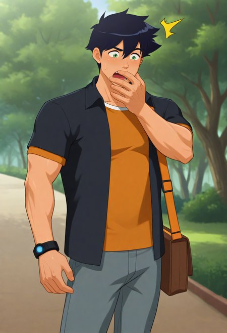 embedding:Illustrious\Positive\IllusP0s, embedding:Illustrious\Positive\IllustriousQual, 1boy, blaine_ts!, messy hair, black hair, green eyes, male focus, solo, short sleeves, (black jacket), muscular male, orange shirt, grey trousers, brown crossbody bag, smart band, surprised, panicked, sweatdrop, cowboy shot, hand on mouth, open mouth, outdoors, park, best quality, high resolution, masterpiece.