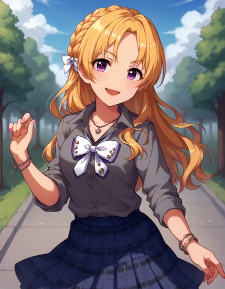 score_9,score_8_up,score_7_up,1girl,solo,cowboy shot,looking at viewer,smile,open mouth,outdoors,
<lora:kiryuutsukasa_ponyXLV6:0.8>,cgkt,blonde hair,parted bangs,long hair,braid,purple eyes, 
white bow,necklace,grey school uniform,bracelet,blue skirt,plaid skirt