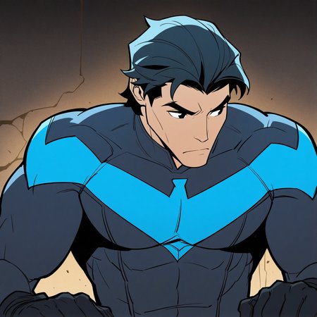 <lora:NIGHTWING_DFA-IL:1> nightwing_dfa, solo, short hair, black hair, 1boy, gloves, closed mouth, sitting, blue hair, upper body, male focus, black gloves, solo focus, looking to the side, muscular, bodysuit, thick eyebrows, muscular male, pectorals, dark-skinned male, serious, black bodysuit, hair slicked back, superhero, blue bodysuit, two-tone bodysuit, cheekbones, black eyes, v-shaped eyebrows, motion blur, film grain, abstract, natural lighting, fantasy, cinematic, dynamic, very awa, masterpiece, best quality, absurdres, newest, perfect quality, detailed background, intricate details, (artist:fl \(l-fl\):0.7), (artist:tooboshoo:0.7), (artist:dizdoodz:0.8)