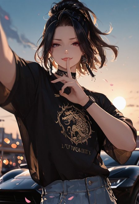 masterpiece, best quality, good quality, very aesthetic, absurdres, 
newest, 8K, depth of field, focused subject,visual storytelling,dynamic composition,
close up, stylized, scenery, bokeh,blurred background, 
Black Myth Wukong, male sun wukong, 
chinese mythology,( dynamic pose:1.3), smirking face,
upper body focus,
casual clothes, wearing luxurious jeans and luxurious black t-shirt with gothic design, expensive black watch
windblown hair, 
dramatic sky, celestial clouds, floating mountains, mythic scale, sakura petals, mystic mist, 
cinematic composition, backlighting, volumetric light, vegas city scene, symbolic environment, god-tier illustration,(sketch:1.3), taking a selfie in front of a lamborghini aventador with spoiler and body kit (car is black, chrome carbon fiber details), night scene under the moon
