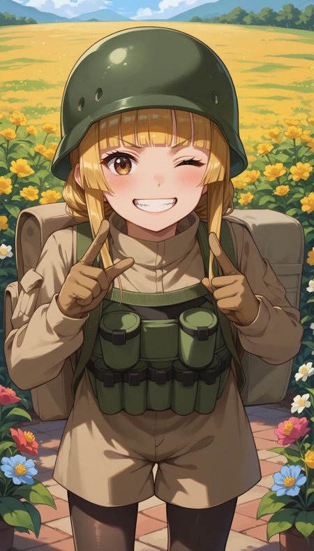 score_9, score_8_up, score_7_up, score_6_up,
 <lora:Fukaziroth:1> fukaziroh_(sao) , fukaziroh_(sao) , 1girl, blonde hair, one eye closed, brown eyes,  helmet, smile, backpack, long hair, simple background, looking at viewer, brown gloves, teeth, grin, long sleeves, bag, blunt bangs, pantyhose, v-shaped eyebrows, blush, shorts, mouth pull, leaning forward, jacket, outdoor, garden, flower field