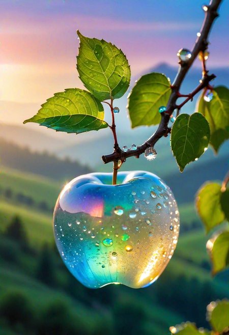 a delicate apple made of opal hung on branch  in the early morning light, adorned with glistening dewdrops. in the background beautiful valleys, divine iridescent glowing, opalescent textures, volumetric light, ethereal, sparkling, light inside body, bioluminescence, studio photo, highly detailed, sharp focus