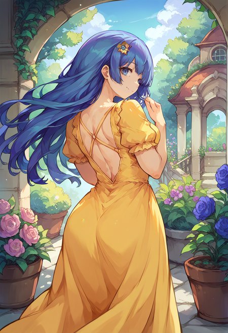 score_9, score_8_up, source_anime, 1girl, solo, IzayoiMiku, long hair, flower hairclip, from behind, yellow sundress, garden, day, sunshine, smile, looking back, <lora:ChamMikuIzayoiPonyXL:1>