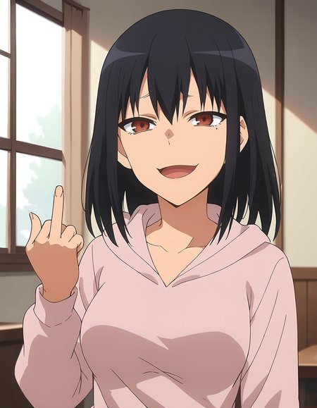 score_9, score_8_up, score_7_up, score_6_up, score_5_up, score_4_up, source_anime, <lora:anetoro_T1V1:0.85>,
1girl, solo,  anime screencap,
anetoro_T1V1, black hair, medium hair, hair between eyes, sidelocks, brown eyes, red eyes, medium breasts, 
pink hoodie, hood down, long sleeves, collarbone, 
hand up, middle finger, 
looking at viewer, smug, open mouth, 
indoors, upper body,