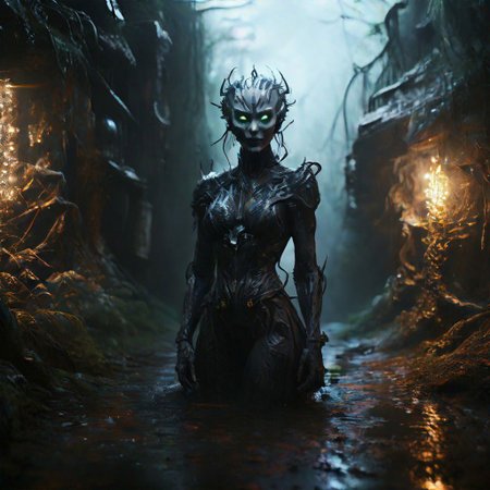 creepy Cyberpunk artwork inspired by Jack Skellington from The Nightmare Before Christmas, set in a futuristic fashion cyberpunk universe. Sexy, Emphasize her seductive allure, beautiful face, perfect eyes, perfect nose shape, perfect lips, perfect hands, vibrant green foliage, neon-lit cityscape, and intricate cybernetic enhancements. Capture the essence of danger and allure in this cyberpunk masterpiece., cyberpunk style