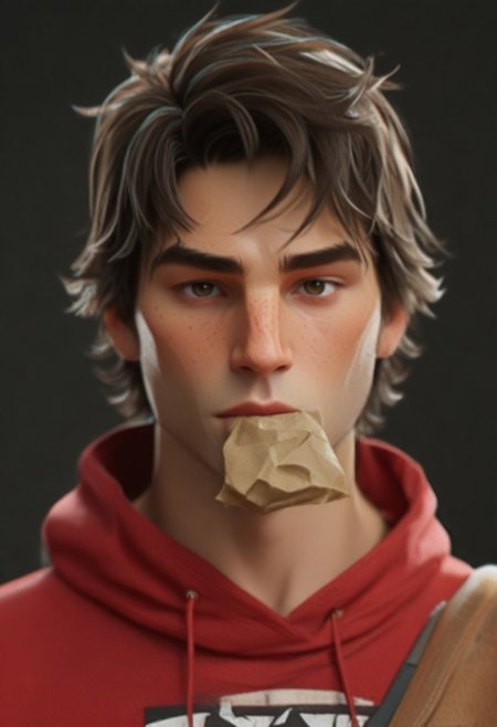 unmasked casual, bag, paper bag, hood, bandages on arms, backpack, red hoodie, hood down, barefoot, denim, blue jeans, multicolor hair, spider-man
Dark hair
Torso upper body
Brown eyes 
Fully clothed
Brown brows
Tan skin dark skin
Short hair
Long face 
Strong jaw and chin
Far eye
Baggy clothes
Broad shoulders
Fit body