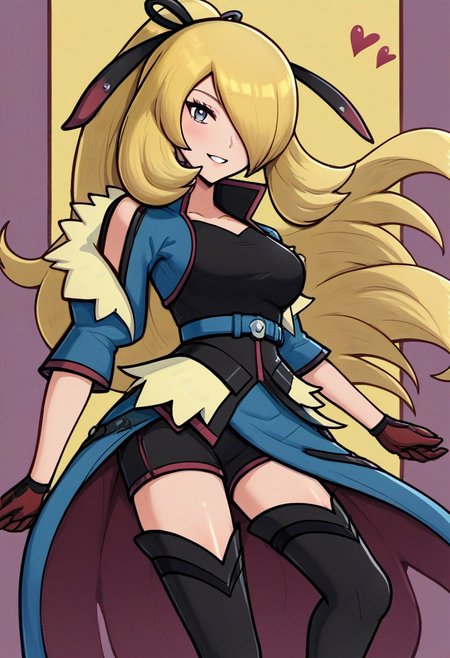 2d, masterpiece, best quality, amazing quality, 1girl, solo, close-up, standing, smile, upper body, cowboy shot, looking at viewer, simple background, colorful background, hearts, stars, auracynthia, def colors, grey eyes, blonde hair, very long hair, ponytail, black hair ribbon, hair over one eye, collarbone, blue jacket, shoulder cutout, red gloves, black shirt, blue belt, black shorts, showgirl skirt, blue skirt, red lining, thigh boots, high heels boots, black footwear, score_9, score_8_up, score_7_up,source_anime