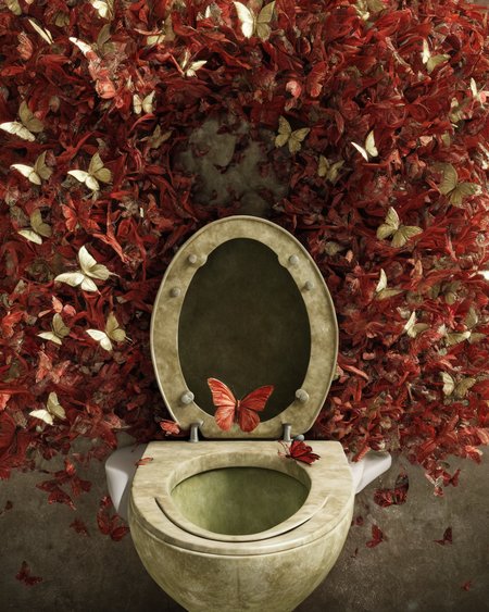 scarltrotxl,toilet,epic,cinematic,masterpiece ,128k uhd, <lora:scarltrotxl-step00000400:1>,blossoming,butterflies