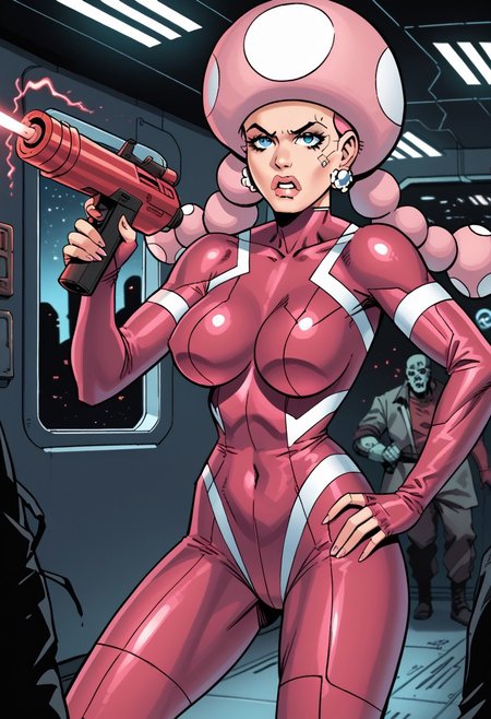 score_9, score_8_up, score_7_up, score_6_up,  1girl, human girl,25 years old,  bodysuit, pink and red bodysuit, spacecraft interior, 2d, cyberpunk, knva, large breasts,
t_toadette, mushroom head, pink hair, pink hair with white spots, twintails,holding,laser gun,holding laser gun,
BREAK angry,attacked by a zombie,fighting zombie,action