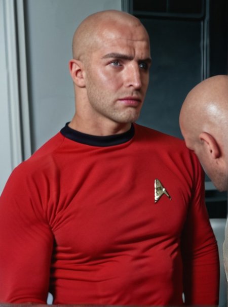 1boy, 20 year old male, Handsome, masculine, blonde, star trek, red shirt, muscle,  tall, tight shirt, wide pectorals, big shoulders, wide shoulders, muscular neck, German, bald,

stunf, star trek uniform,