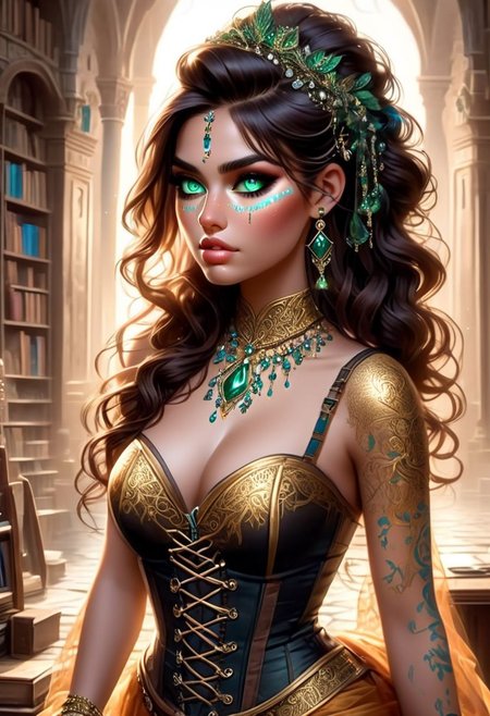 22-year-old Latina female, Her long, brown hair cascades in loose waves down her back, perfectly complementing her warm brown eyes that always seem to sparkle with curiosity and kindness. sun-kissed skin and athletic build reflect her love for the outdoors and an active lifestyle. She's in a vibrant and intricately laced cup-less formal corset dress that showcases her personality and cultural pride. Big natural cleavage. She has a serious expression on her face.  Standing in the library of a castle, make the background in focus too. Camera should be up high looking down on her face and cleavage, top view. Give her a gold headband, beautiful and intricate gold necklace with an emerald in it, earrings, bracelet. Euphoria makeup style: with rhinestones around the eyes, bold colors and drama. really focus on the eyes and make them as accurate as possible.