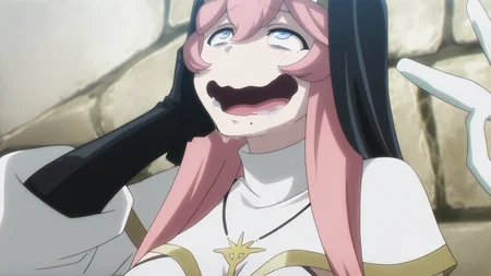 anime screencap, anime coloring, detailed face, masterpiece, best quality, very aesthetic, absurdres, volumetric lighting, official style, amazing quality, ultra detailed,  highres, amazing quality, scenery, beautiful detailed hair, beautiful detailed eyes, detailed fingers,
 <lora:Lilynette_Piani_Overlord:1>Lilynette Piani (character), nun, mole under mouth, pink hair, 1girl, mole, v, jewelry, habit, open mouth, gloves, hair between eyes, drooling, necklace, cross necklace, long hair