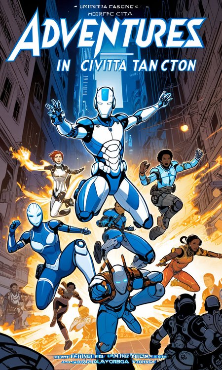 a comic book cover of a group of artists jumping into action, text " Adventures in Civitai" , blue and white, outline, best quality, masterpiece,   <lora:cbcmkrsdxl:1>, cbcmkrsdxl, cyborg, cybernetic, city,