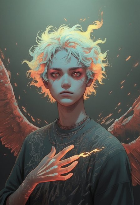 score_9, score_8_up, score_7_up, score_6_up, source_anime, realistic, intricate details, 1boy, young man, ceremonial fantasy attire, sun rays, flames in hand, brass, bronze, dynamic poses, swirling clouds, fiery hair, electric sparks, ice crystals, rustic nature motif, iridescent, expressive face, wings, <lora:1r3gl1XLP:0.4> 1r3gl1, trippy, <lora:ju1ch3XLP:0.3> ju1ch3 <lora:m3y3rXLP:0.3> m3y3r  <lora:wh33z13XLP:0.3> wh33z13  <lora:3m0t3XLP:0.3>  <lora:g0th1cPXL:0.1> g0thicPXL, glowing, neon,