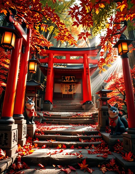 A breathtaking Inari shrine hidden within a serene Japanese forest during autumn. The scene is illuminated by the soft glow of traditional stone lanterns, casting warm golden light on the vibrant red torii gates that form a mesmerizing tunnel leading up the shrineâs stone steps. The ground is covered with delicate fallen maple leaves in shades of crimson, orange, and yellow. Kitsune (fox) statues with intricate details guard the entrance, wearing red bibs symbolizing their sacred role. The shrineâs wooden structure is adorned with ancient calligraphy and shimenawa ropes, exuding a mystical and spiritual atmosphere. Sunlight filters through the dense foliage, creating a tranquil interplay of light and shadow. The air feels crisp and filled with a sense of reverence and peace. The image is captured in a hyper-detailed, photorealistic style, with high dynamic range lighting enhancing the depth and richness of the colors.
<lora:SDXLFaeTastic2400:0.4> <lora:extremely_detailed:0.4> extremely detailed, <lora:Inari_shr1n3:1>,Inari shr1n3, Masterpiece,best quality,hi res,8k,hi res,8k,award winning,(sharp focus, intricate, highly detailed),