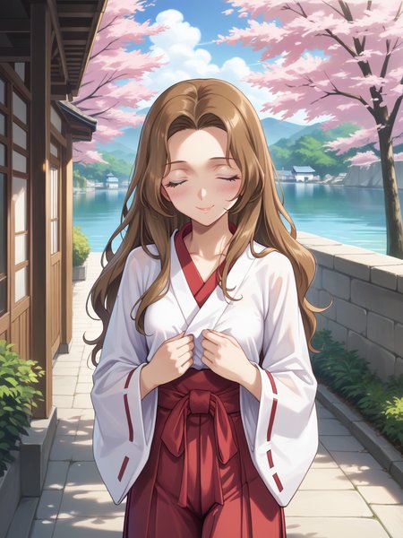 (score_9,score_8_up,score_7_up,source_anime), cure beauty, background light, Cinematic Lighting, realistic,
BREAK
masterpiece, best quality, glowing light, shiny hair, (dynamic angle:1.4),
BREAK
1girl, so;o focus, Nunnally Lamperouge, long hair, brown hair, closed eyes, miko, red hakama, long sleeves, wide sleeves,
BREAK
small breasts,
BREAK
blush, embarrassed, light smile,
BREAK
BREAK
(elaborate background), (japan), outdoors, (tree-lined avenue), spring, cherry blossoms,
BREAK 
<lora:Nunnally_Lamperouge:1>