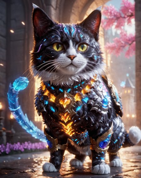 rainbowdreamxl,close up portrait of a cute cat,magical effects,armor parts,epic,trending on artstation,awardwinning,bokeh,cinematic,private press <lora:rainbowdreamxl-000004:0.6>