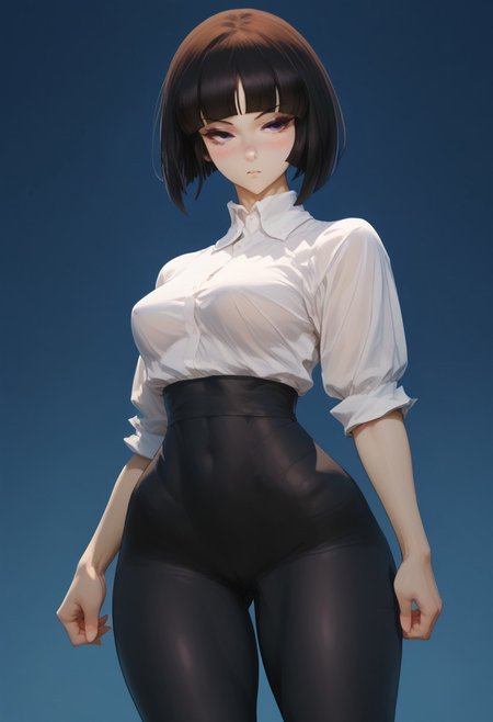 score_9_up, score_8_up, score_7_up, Anime_source,score_9, score_8_up, score_7_up, rating_explicit, uncensored ,
1girl, focus, , 
Kivye, black eyes, black hair, short hair, blunt bangs, short hair,
normal uniform,  black pantyhose not transparent ,white shirt,black pantyhose, Battle clothes, 
sexy slender curvy body, (sexy thick thighs),  extremely sexy legs,  blush, nose , sexy body ,