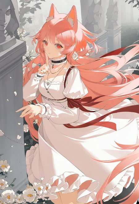1girl, dress, long hair, animal ears, solo, white dress, red eyes, looking at viewer, flower, very long hair, pink hair, long sleeves, white flower, frills, choker, finger to mouth, puffy sleeves, index finger raised, bangs, necklace, animal ear fluff, wolf ears, frilled dress, jewelry, parted lips <lora:chongzhenXL_il_lokr_V53P1:0.95>